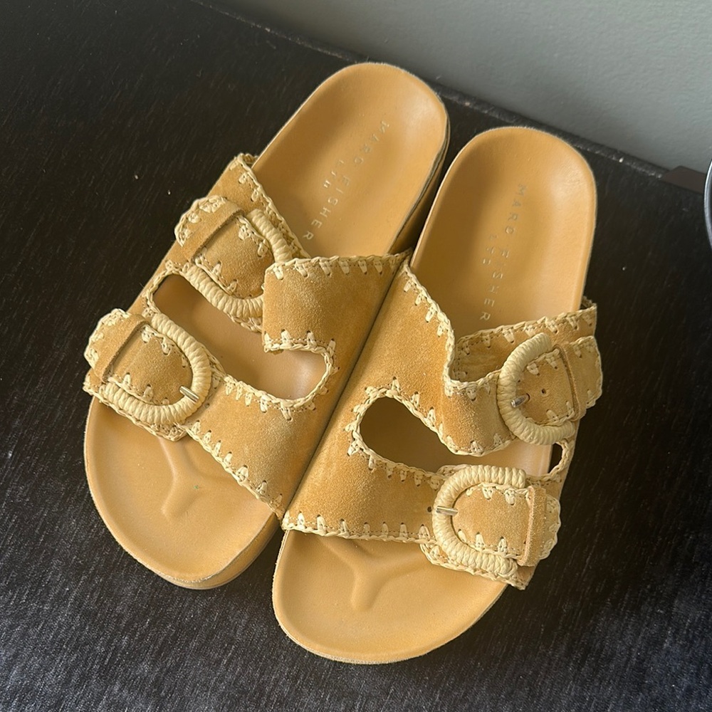 Marc Fisher Tan Slide Sandals with Distressed Straps